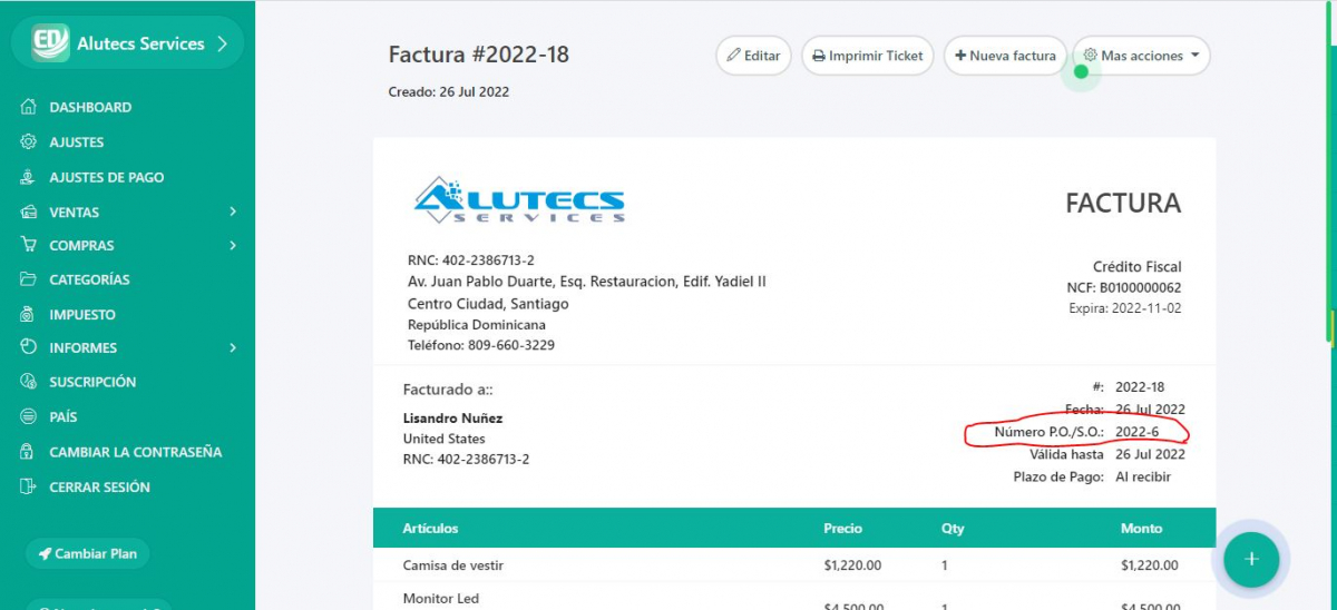 ¿Qué es un número de orden de compra en una factura (P.O)?